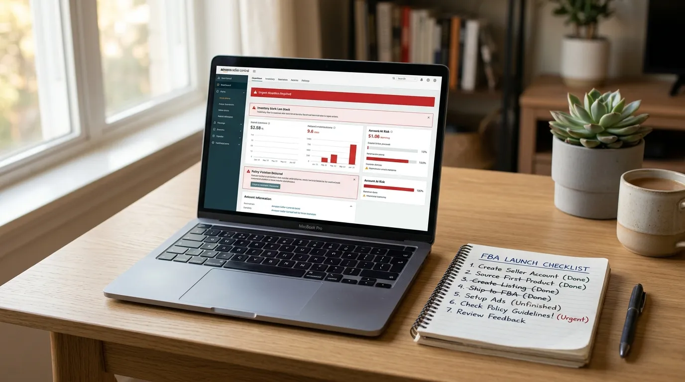 Amazon FBA Fehler-Checkliste auf einem Laptop mit Produktrecherche und Unit-Economics-Review