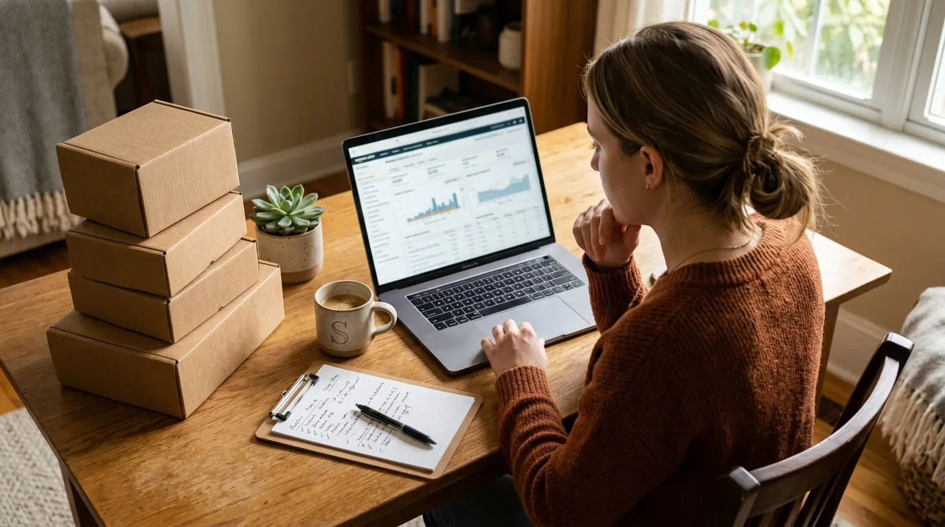 Amazon FBA mistakes checklist on a laptop showing product research and unit economics review