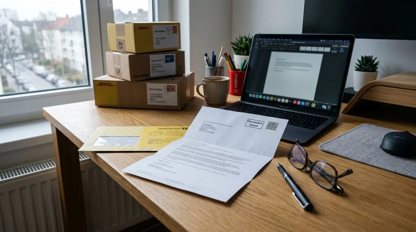 Geöffneter förmlicher Brief einer Anwaltskanzlei auf einem Schreibtisch neben Laptop und Kaffeetasse
