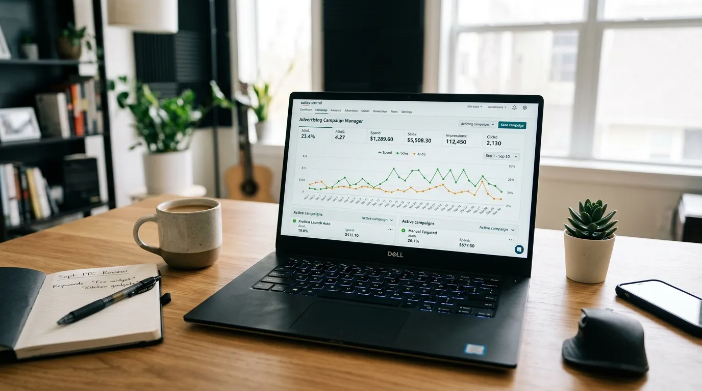 Amazon seller analyzing ACoS metrics on laptop screen with PPC dashboard