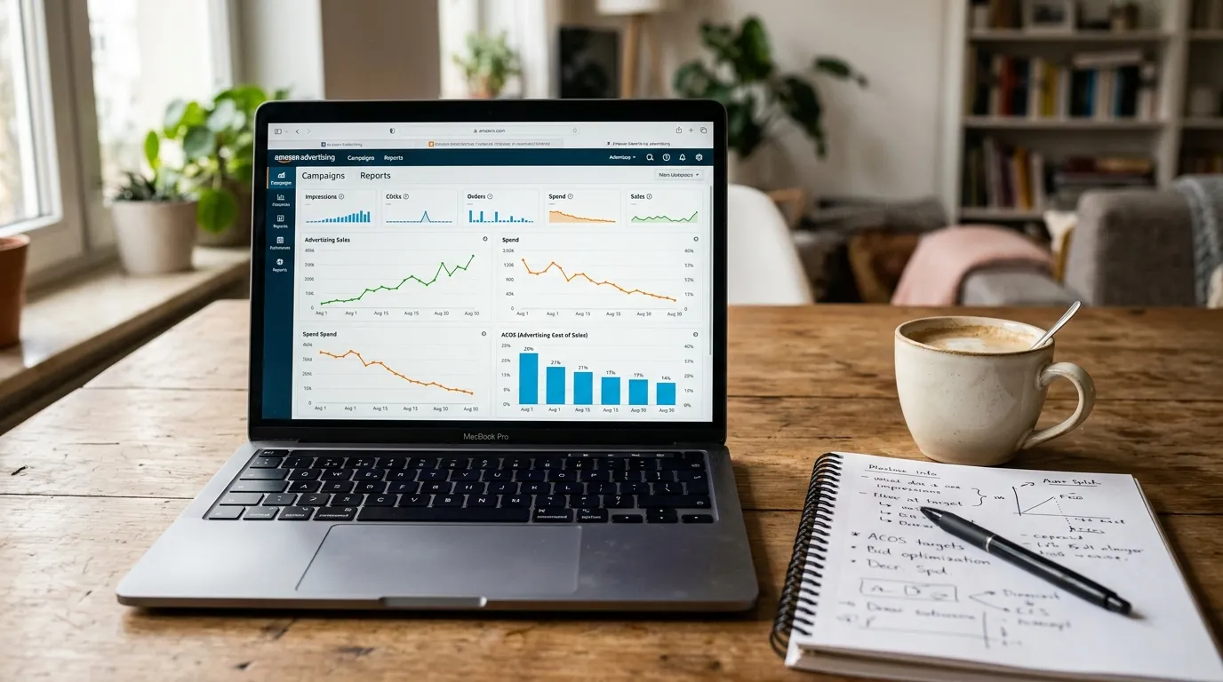 Amazon Seller Central PPC-Dashboard mit sinkender ACoS-Kurve und Euro-Werten
