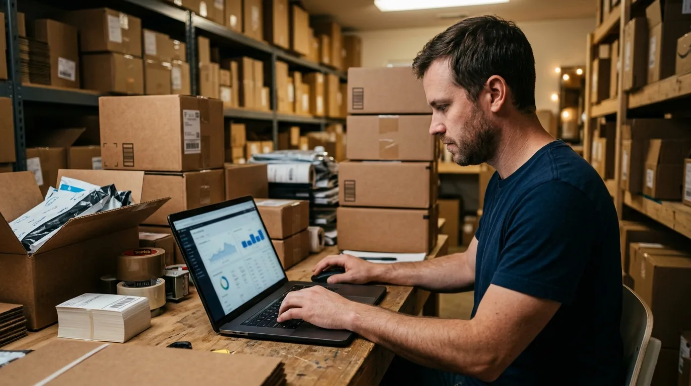 Seller in a small warehouse comparing two marketplace dashboards on a laptop surrounded by shipping boxes