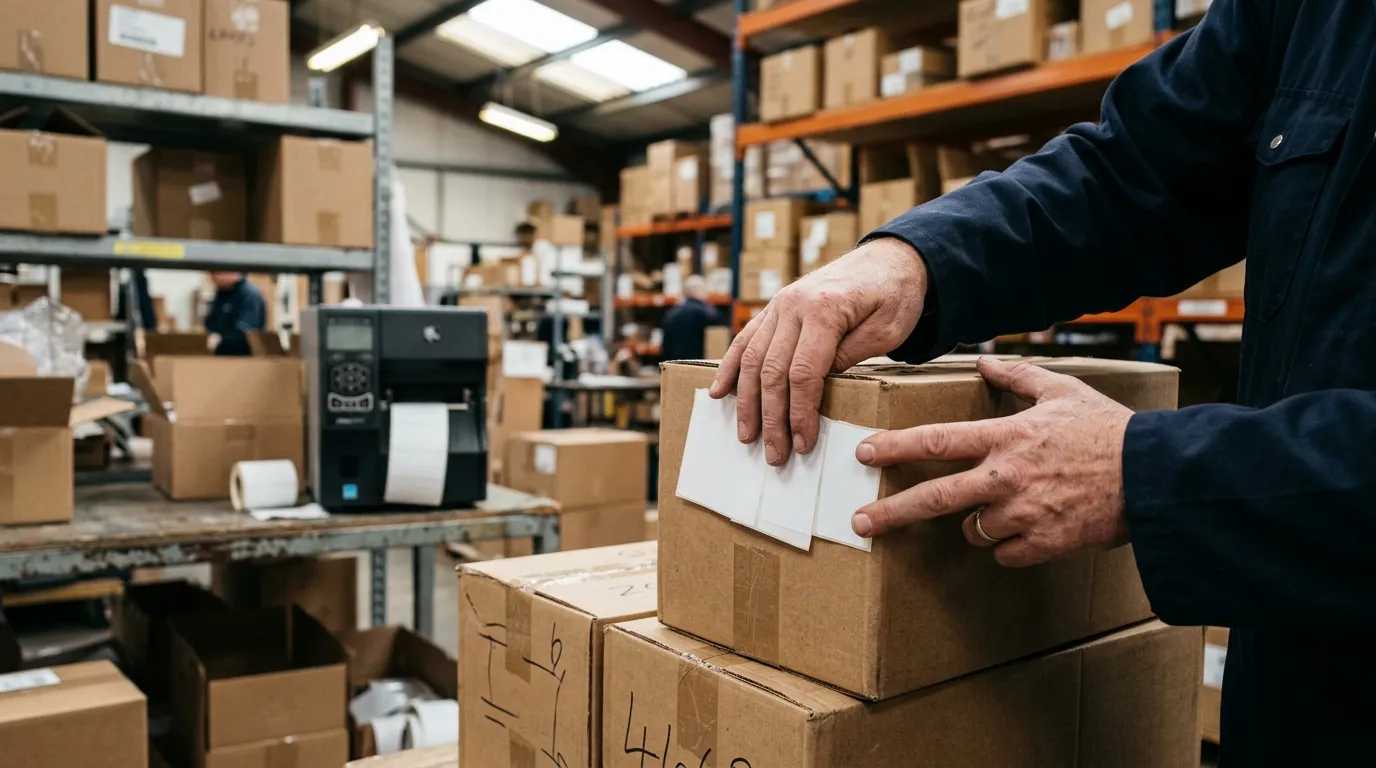 FBA shipment box with barcode stickers applied to individual products, warehouse environment