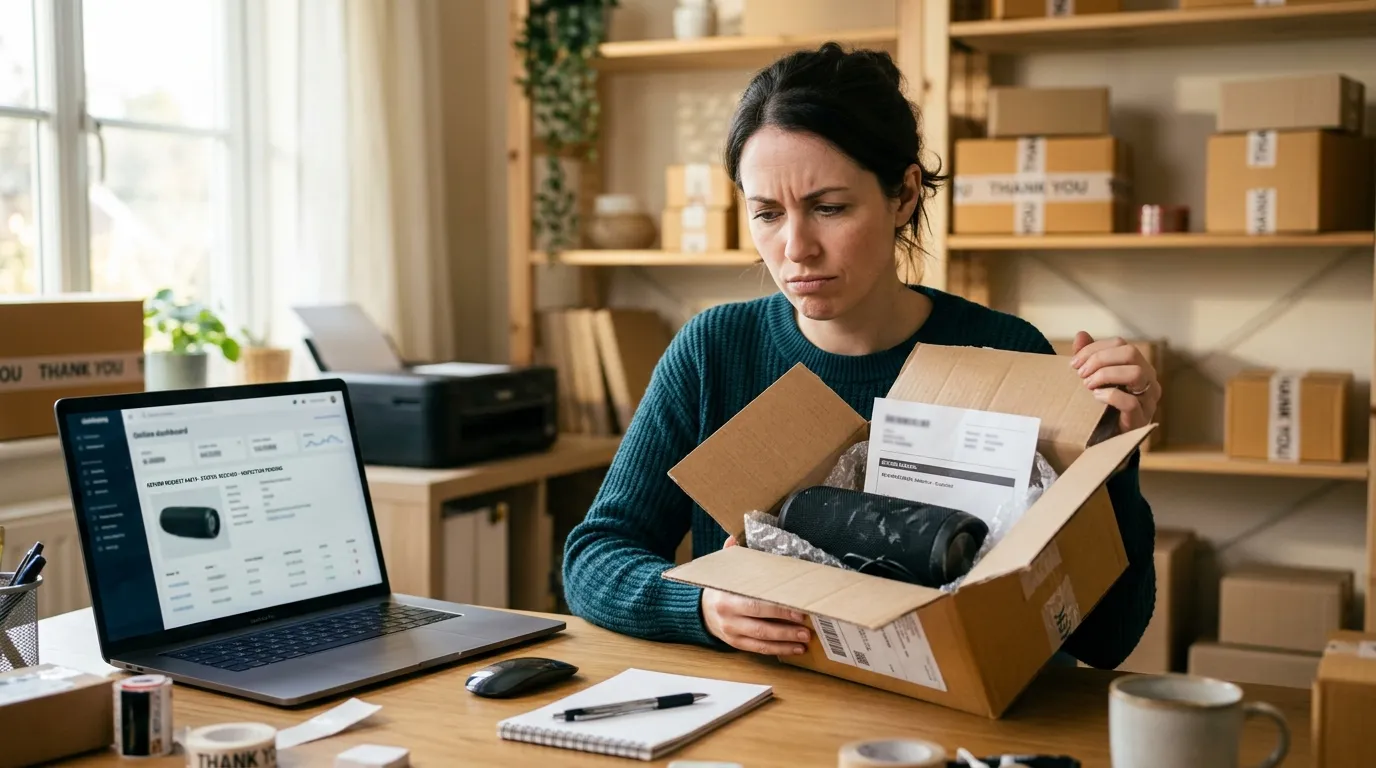 Amazon seller at a desk inspecting a returned product package next to a laptop with a returns dashboard