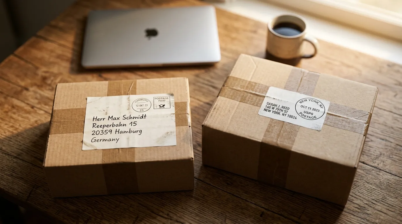 Zwei Versandpakete nebeneinander mit deutschen und US-Adressetiketten — Amazon.de vs. Amazon.com Vergleich
