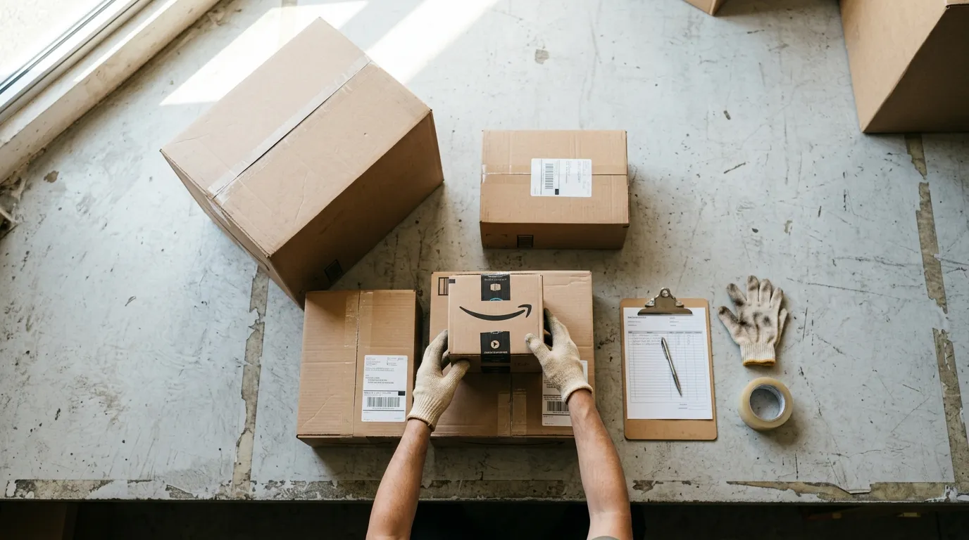 Sorted boxes on a pallet with size tier markers, Amazon FBA categories to avoid for beginners