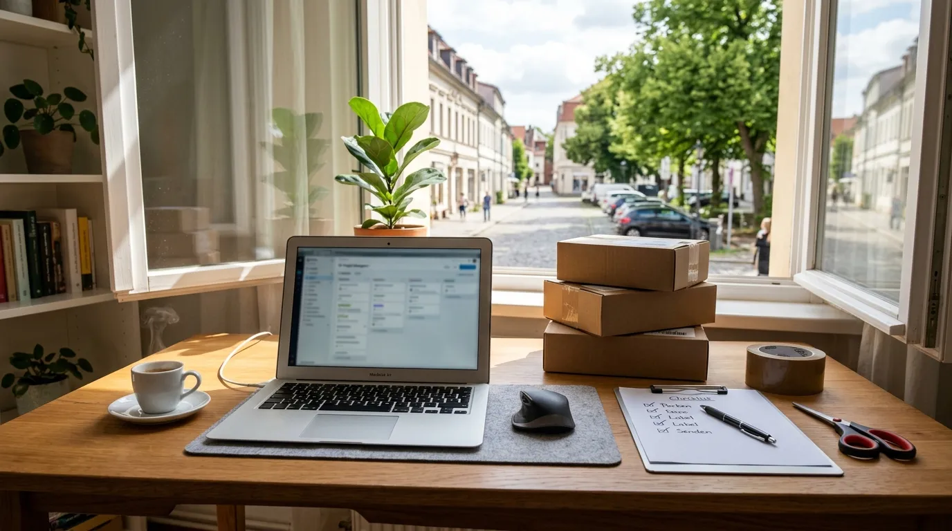Aufgeräumter Anfänger-Schreibtisch mit Laptop, Versandkartons und Checkliste — Amazon FBA in Deutschland starten