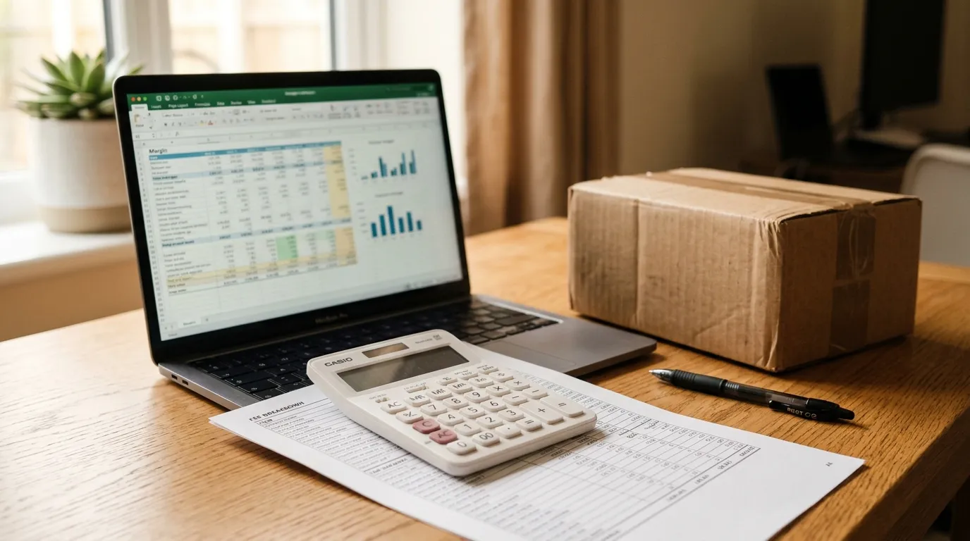 Calculator and printed fee breakdown beside a laptop showing a product margin spreadsheet
