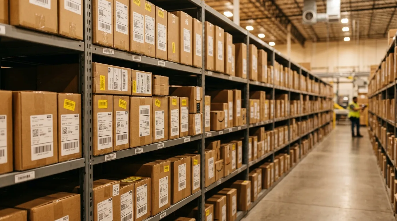 Организованный склад Amazon FBA с аккуратно расставленными коробками