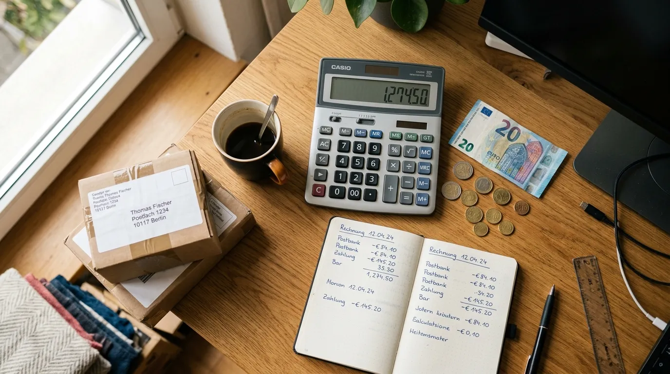 Taschenrechner, Euro-Münzen und Versandkartons auf einem Schreibtisch — Amazon-FBA-Kosten Deutschland