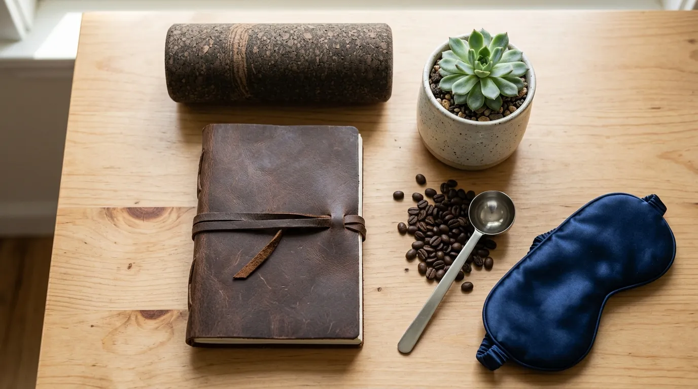 Flat-lay of small private label Amazon FBA niche products including journal, foam roller, and coffee accessories on a wood desk