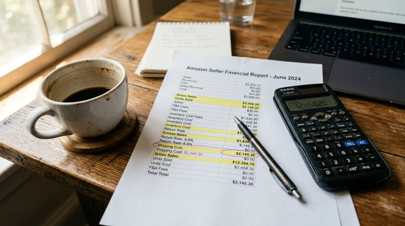 Calculator and financial spreadsheet showing Amazon FBA product cost breakdown
