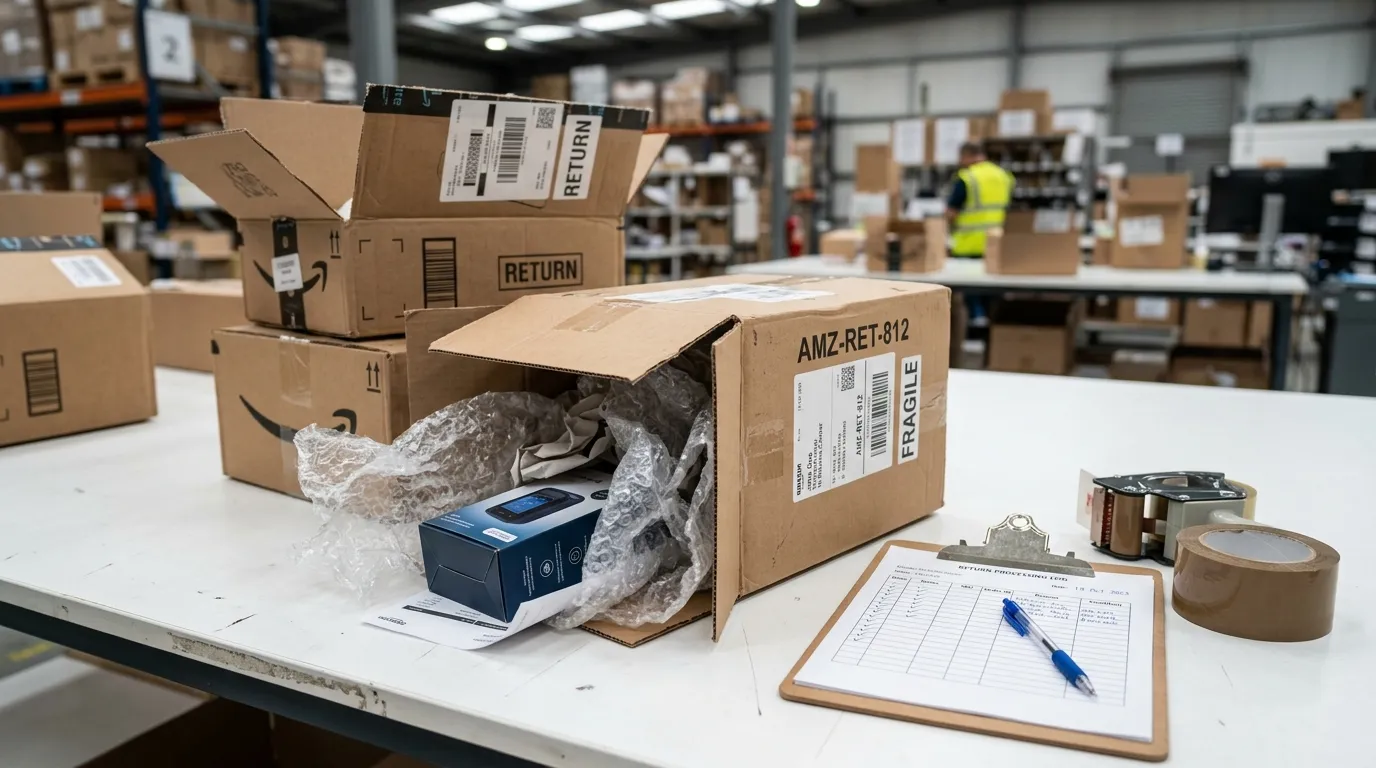 Return packages on a warehouse table with checklist — reducing Amazon FBA return rate