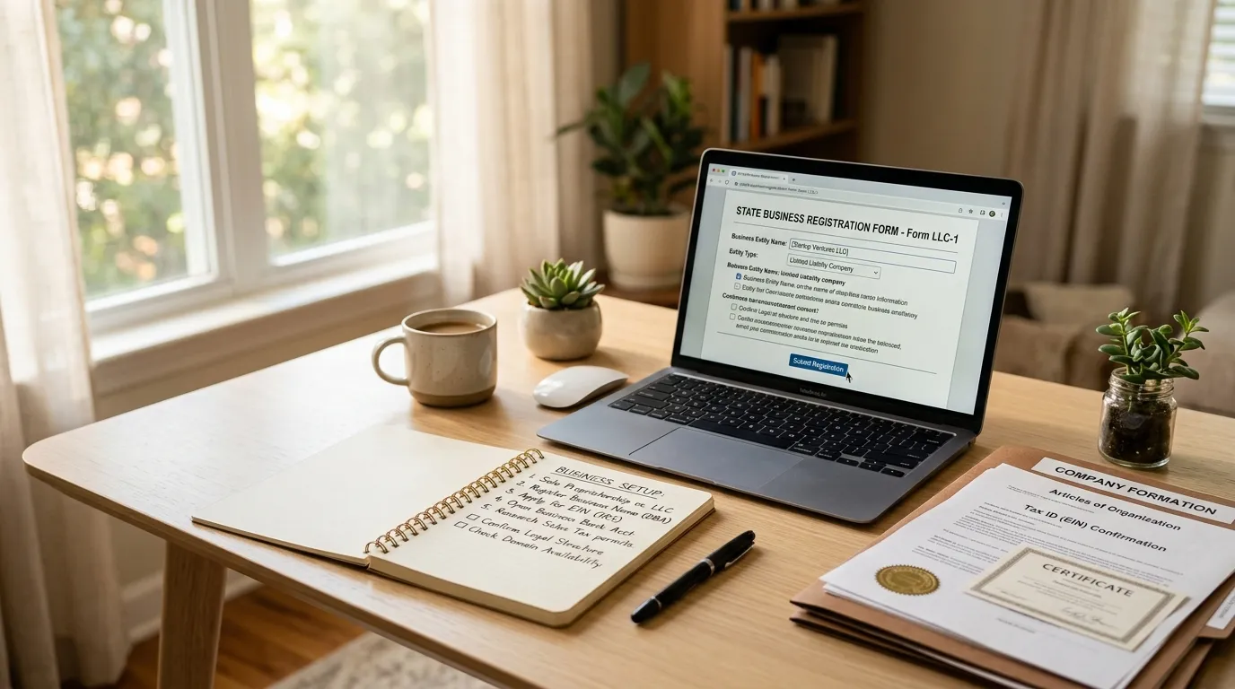 Notizbuch, Stift und Laptop auf einem Schreibtisch — Geschäftsplanung für einen Amazon FBA Launch