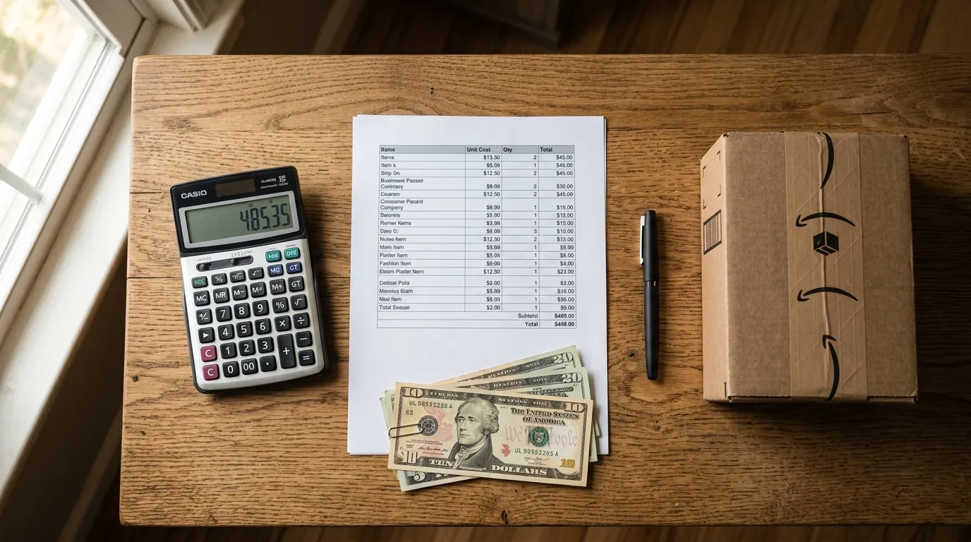 Calculator and financial documents on a desk with shipping boxes