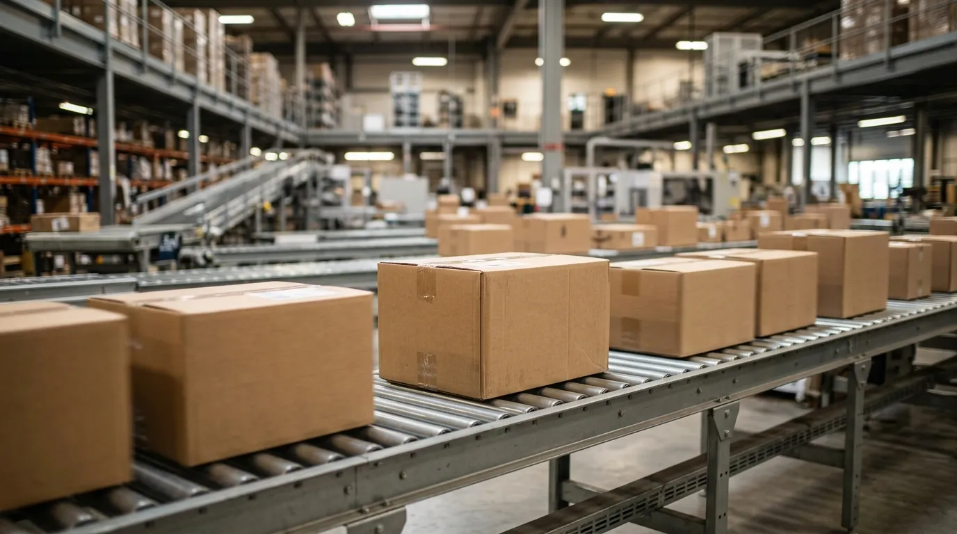 Conveyor of sealed shipping boxes inside a modern fulfilment warehouse with soft industrial light