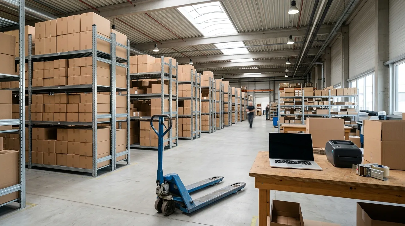 Amazon FBA Lagerregale neben einem Drittanbieter-Prep-Center-Arbeitsplatz