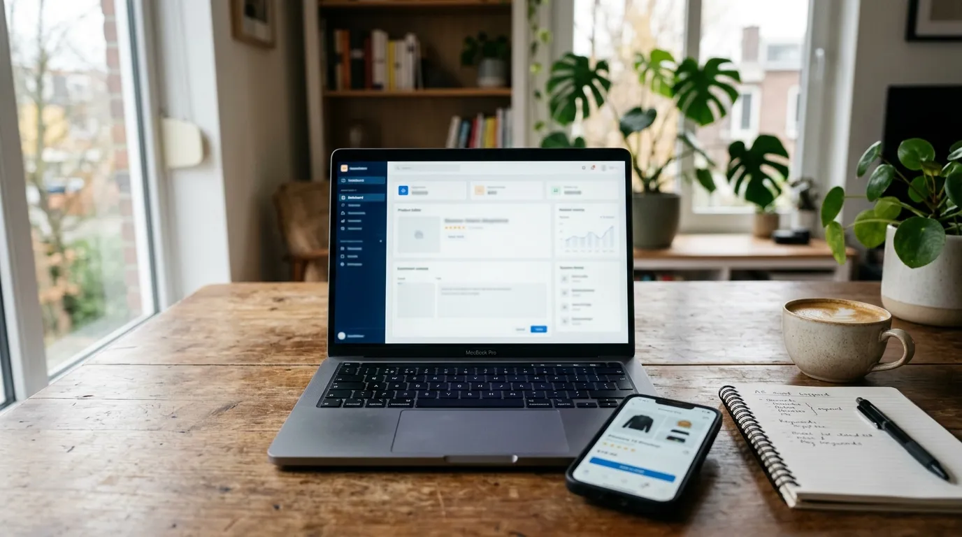 Laptop-Bildschirm mit Amazon-Listing-Editor und Keyword-Recherche-Notizen — Listing-Optimierung für Amazon.de