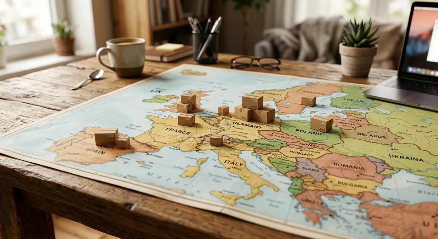 Europakarte mit FBA-Lager-Standorten — Pan-EU vs EFN vs NARF im Vergleich