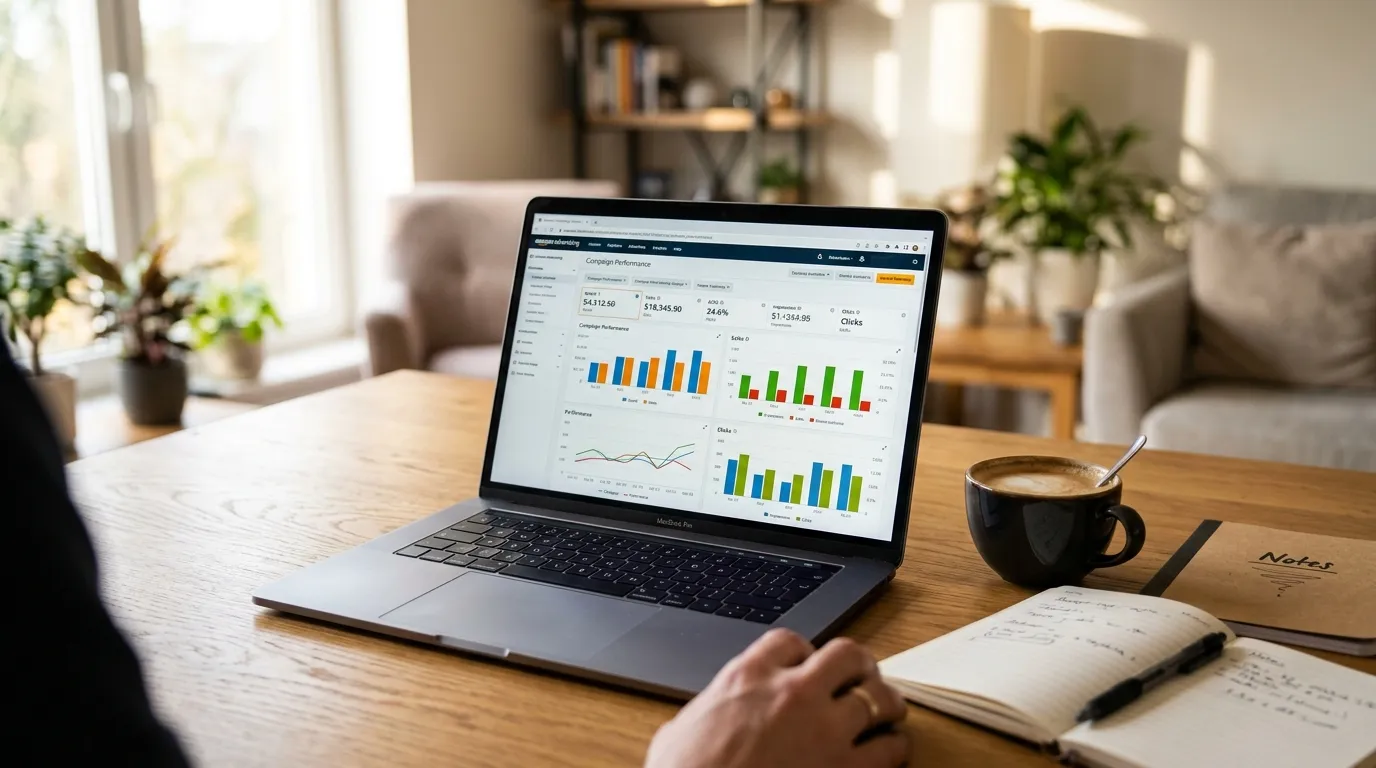 Laptop screen showing Amazon advertising dashboard with campaign metrics