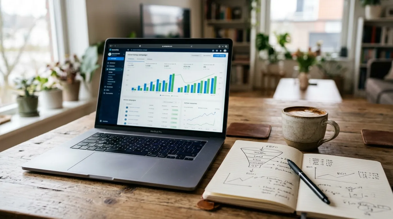 Advertising dashboard with campaign charts on a laptop next to a notebook with a handwritten funnel sketch