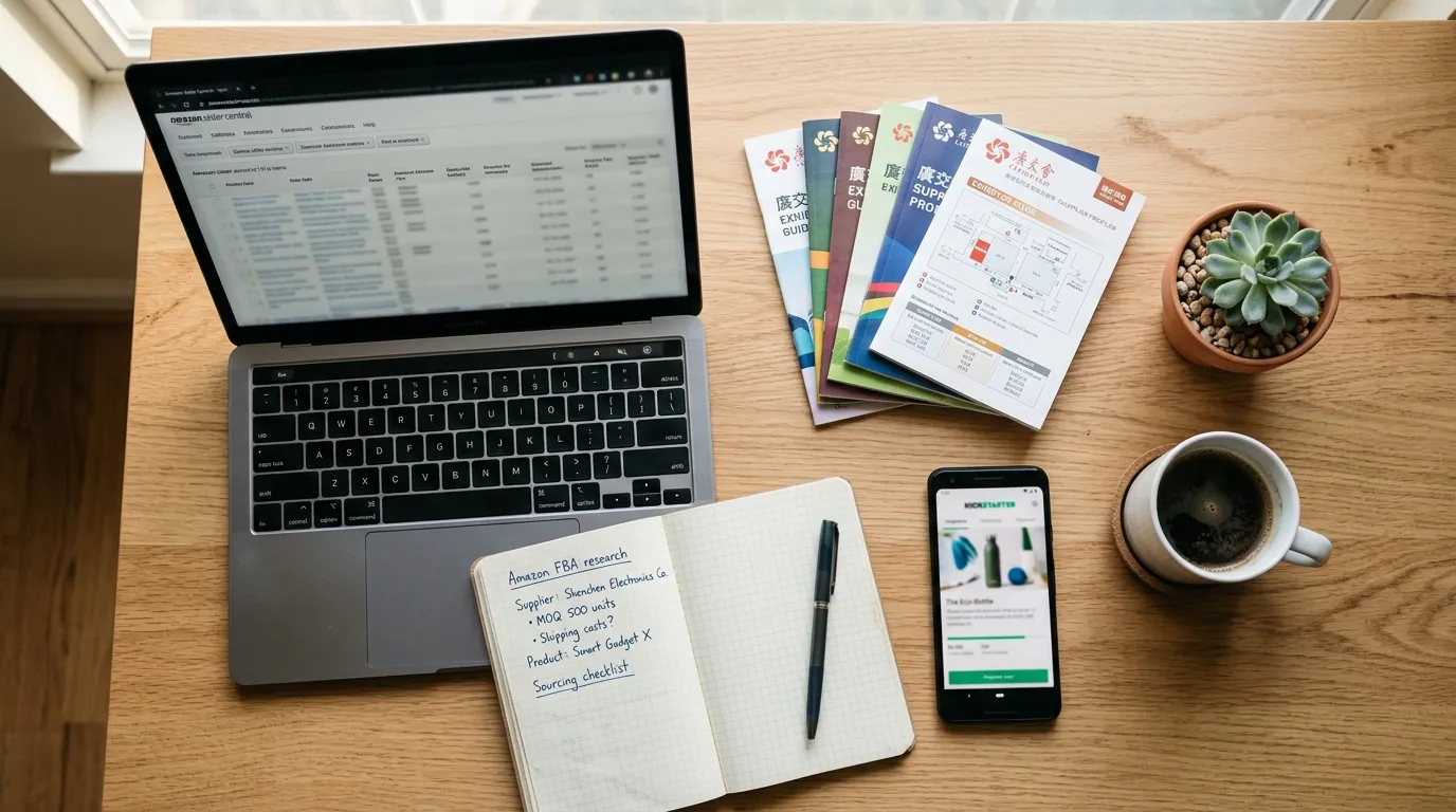 Amazon seller using a laptop with supplier catalogs and competitor reviews open for unconventional product research