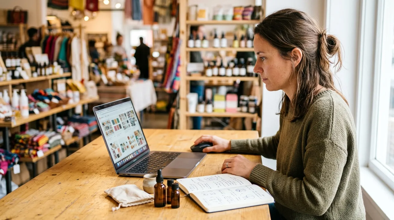 Woman researching product listings on a laptop at a desk with samples and a notebook beside her