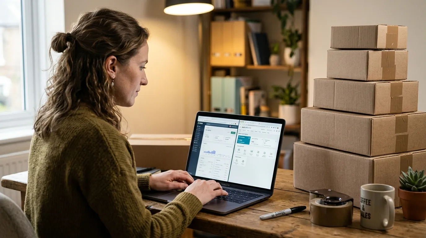 Seller comparing two marketplace dashboards on a laptop in a home office with shipping boxes stacked nearby