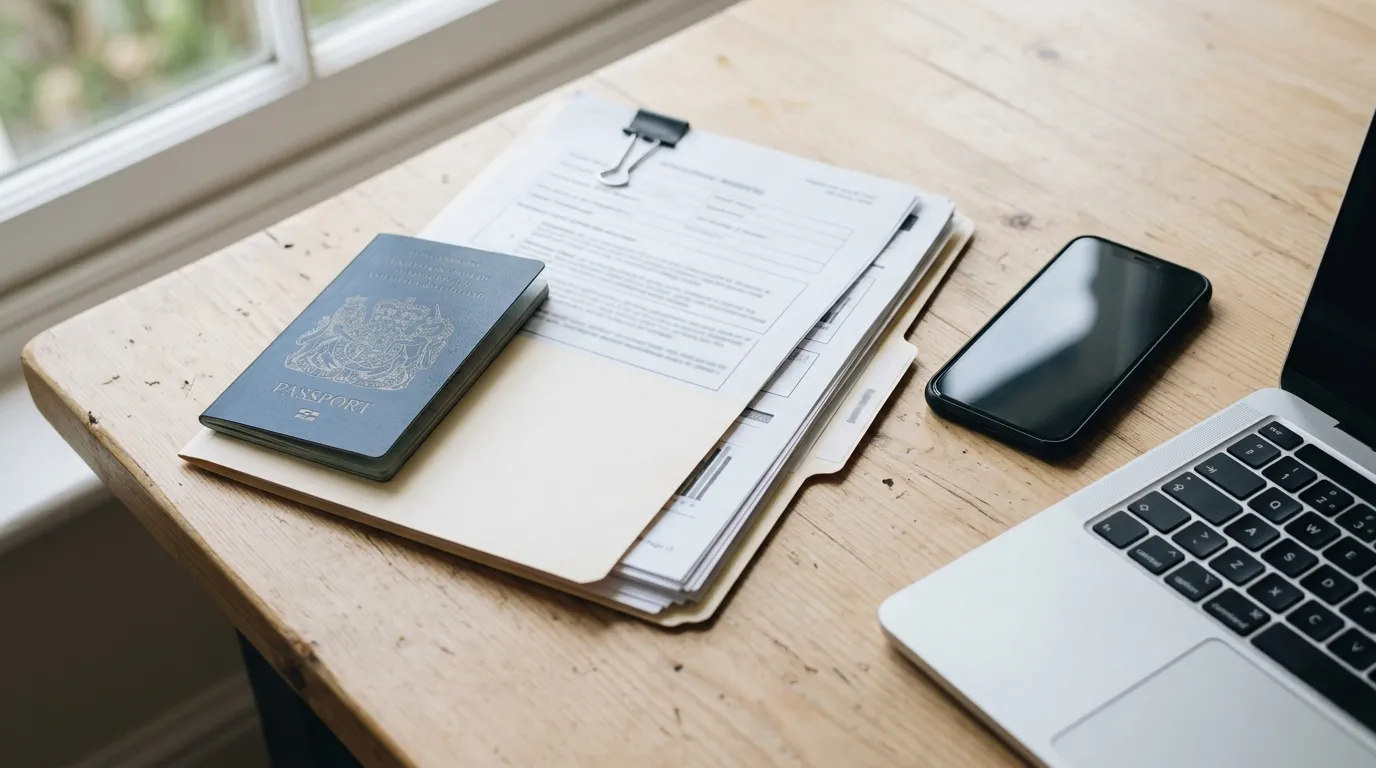 Passport, trade licence documents and a laptop with a registration form on a clean office desk
