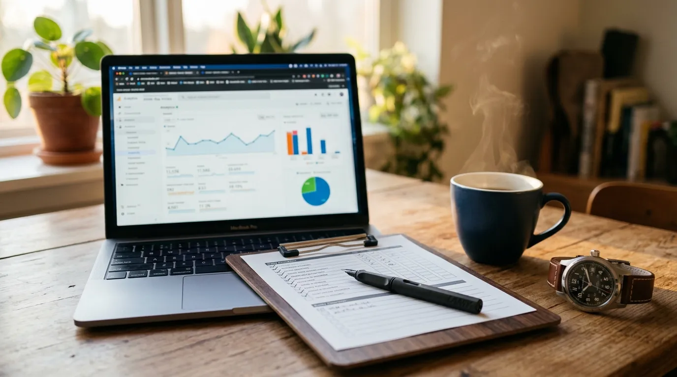 Laptop mit Seller-Central-Dashboard, Notizbuch und Kaffeetasse — die tägliche FBA-Routine