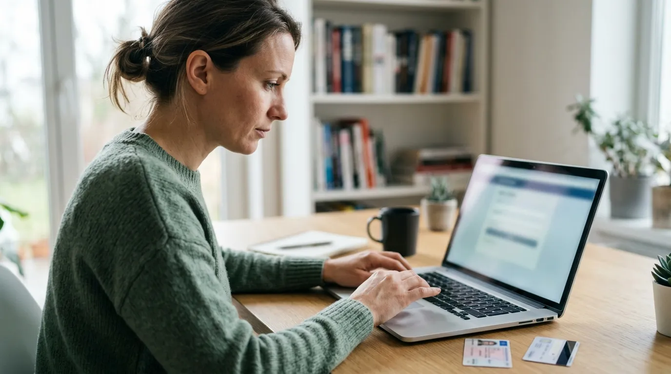 Persona en un escritorio registrándose en una laptop con documentos de identificación junto al teclado