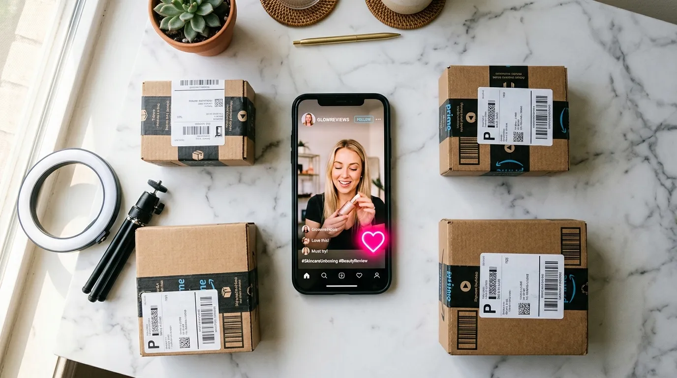 Smartphone showing social media product review with Amazon shipping boxes in background