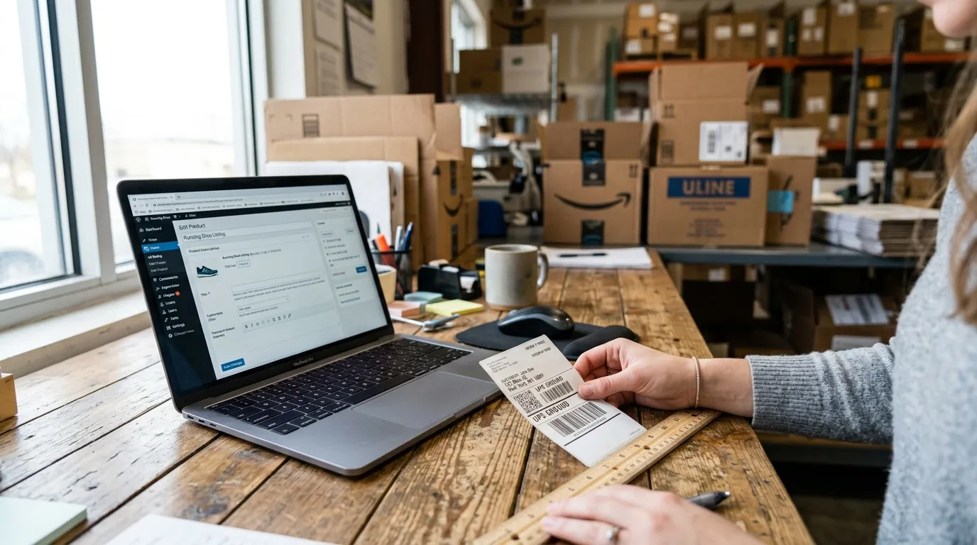 Laptop mit geöffnetem Amazon-Listing-Editor, Titelfeld markiert, Schreibtisch im Homeoffice