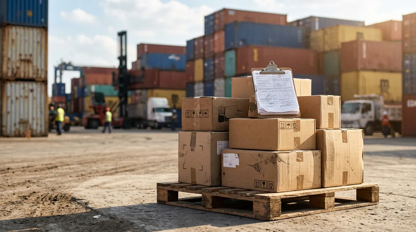 Pallets con cajas de importación en un patio de contenedores junto a documentos aduanales