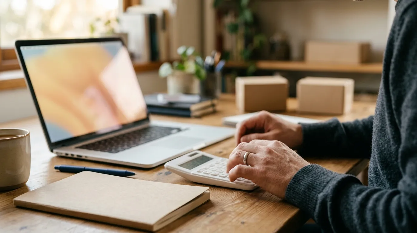 Mãos digitando em um notebook ao lado de calculadora e anotações de custos, com pequenas caixas de envio na mesa