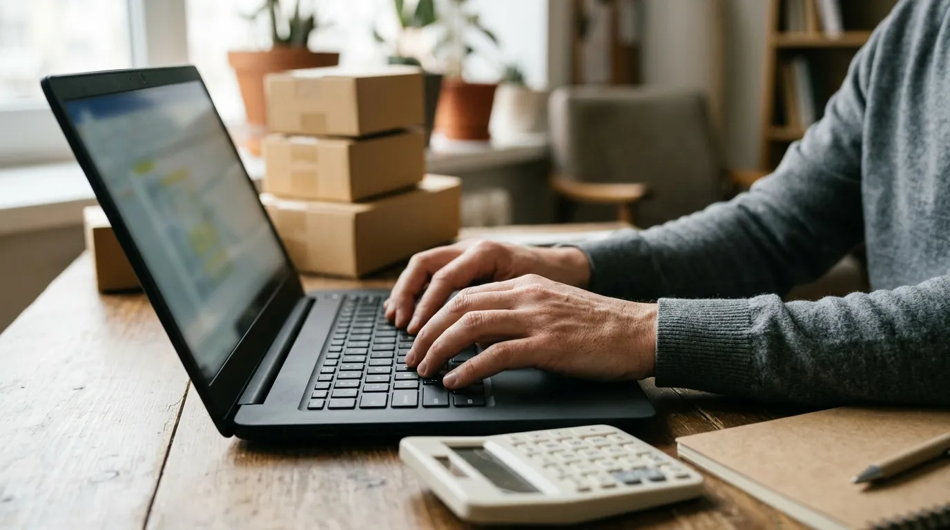 Manos tecleando en una laptop con una calculadora y notas de costos junto a cajas de envío pequeñas