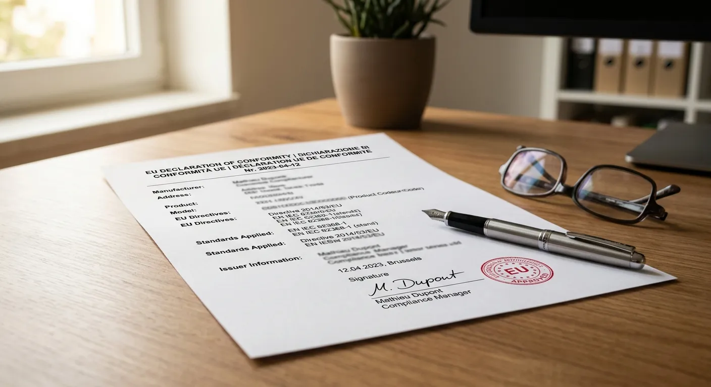 EU-Konformitätserklärung (Declaration of Conformity) auf einem Schreibtisch mit Unterschrift und Stempel