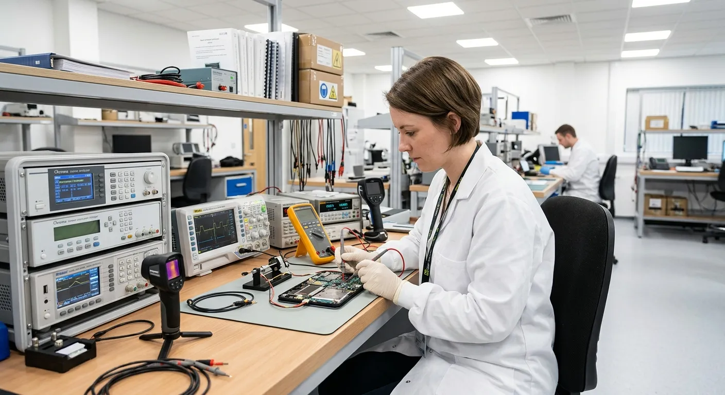 Produktsicherheits-Labor — Techniker prüft ein Verbraucherprodukt auf einem Teststand mit Messgeräten