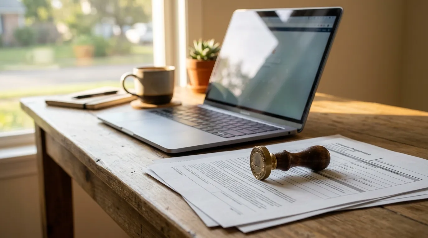 Mesa com carimbo de CNPJ, documentos de abertura de empresa, notebook e uma xícara de café