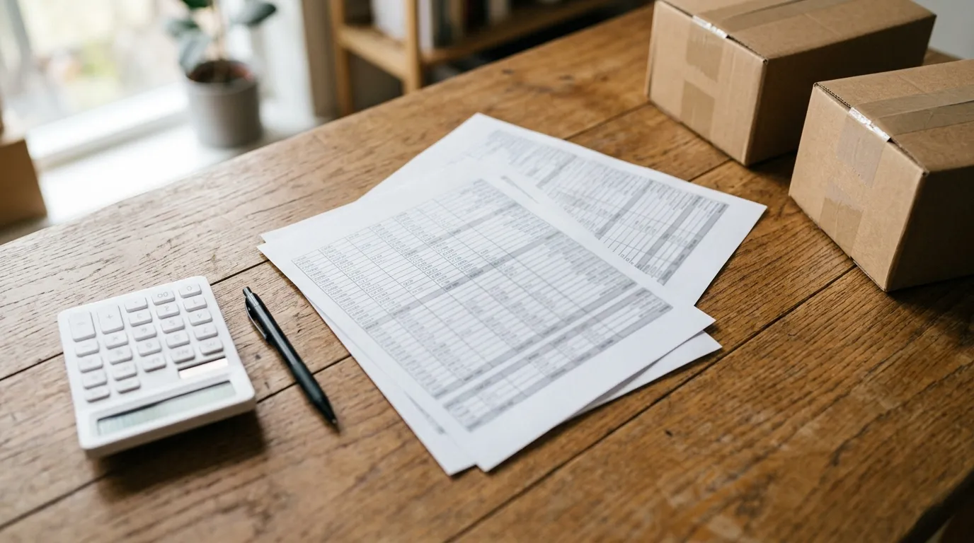 Tabla de comisiones impresa y una calculadora sobre un escritorio junto a cajas de envío