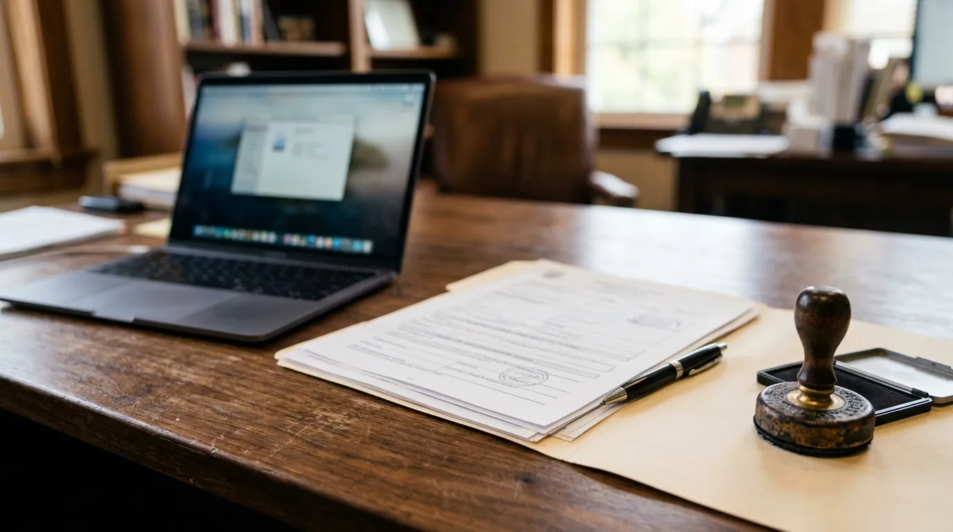 Official registration documents with a stamp and pen on a desk beside a laptop