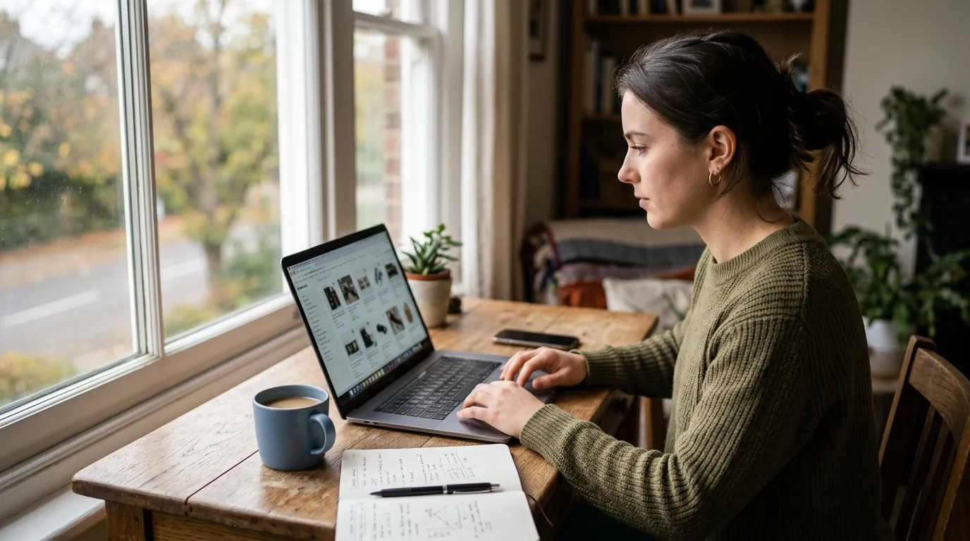 Vendedora analisando catálogos de fornecedores e reviews de concorrentes no notebook para pesquisa de produto