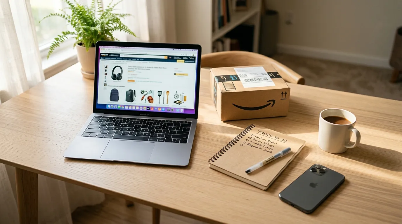 Mesa de home office vista de cima com notebook mostrando anúncios, uma caixa de envio e um caderno com checklist