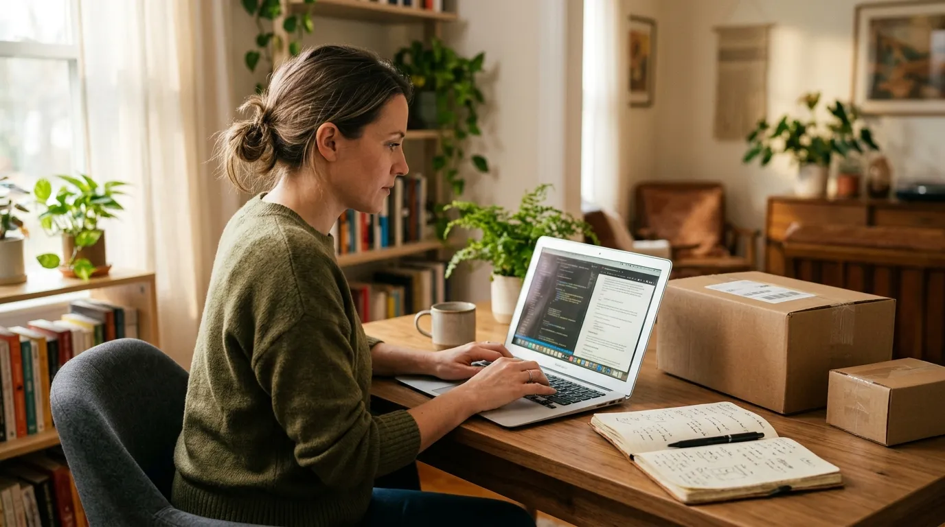 Escritorio de home office visto desde arriba con una laptop mostrando anuncios, una caja de envío y un cuaderno con checklist
