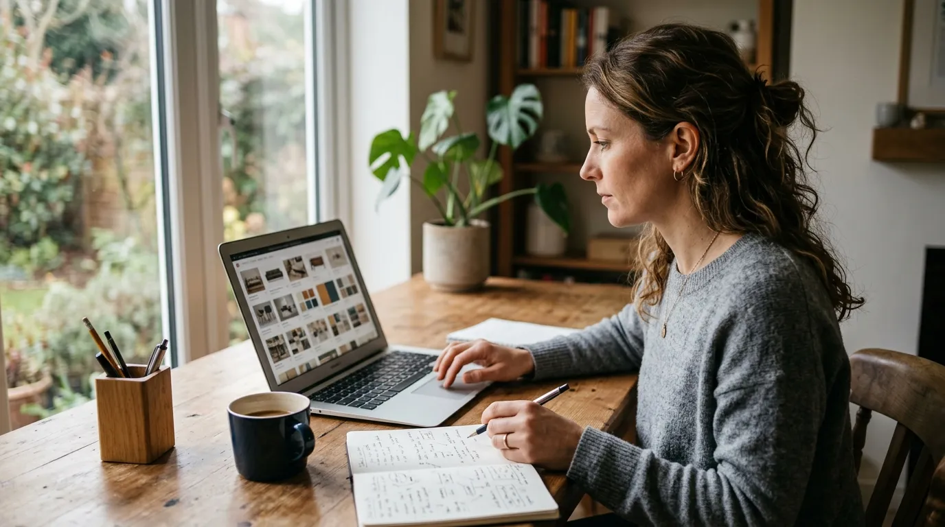 Vendedora analizando catálogos de proveedores y reseñas de competidores en la laptop para investigación de producto