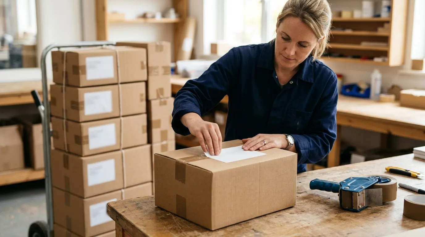 Pessoa colando etiqueta em branco em caixas de papelão lacradas sobre uma mesa de embalagem antes da coleta