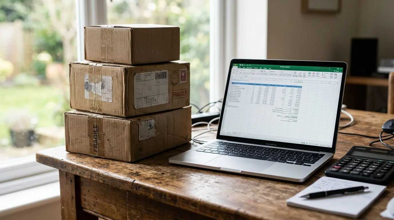 Cajas de importación junto a una laptop con una hoja de costos y una calculadora sobre la mesa