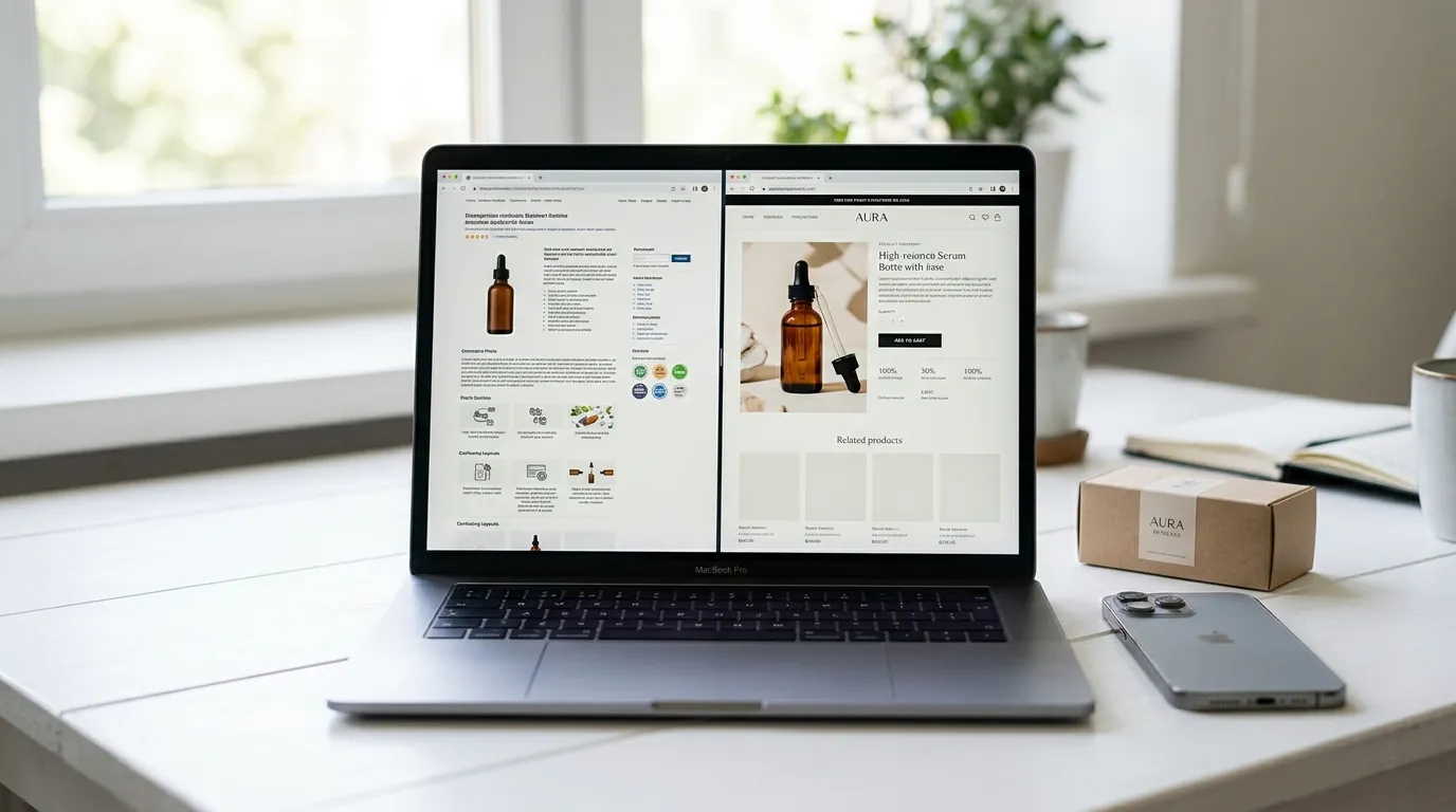 Comparación lado a lado de un listado de Amazon optimizado y uno sin optimizar en la pantalla de una laptop
