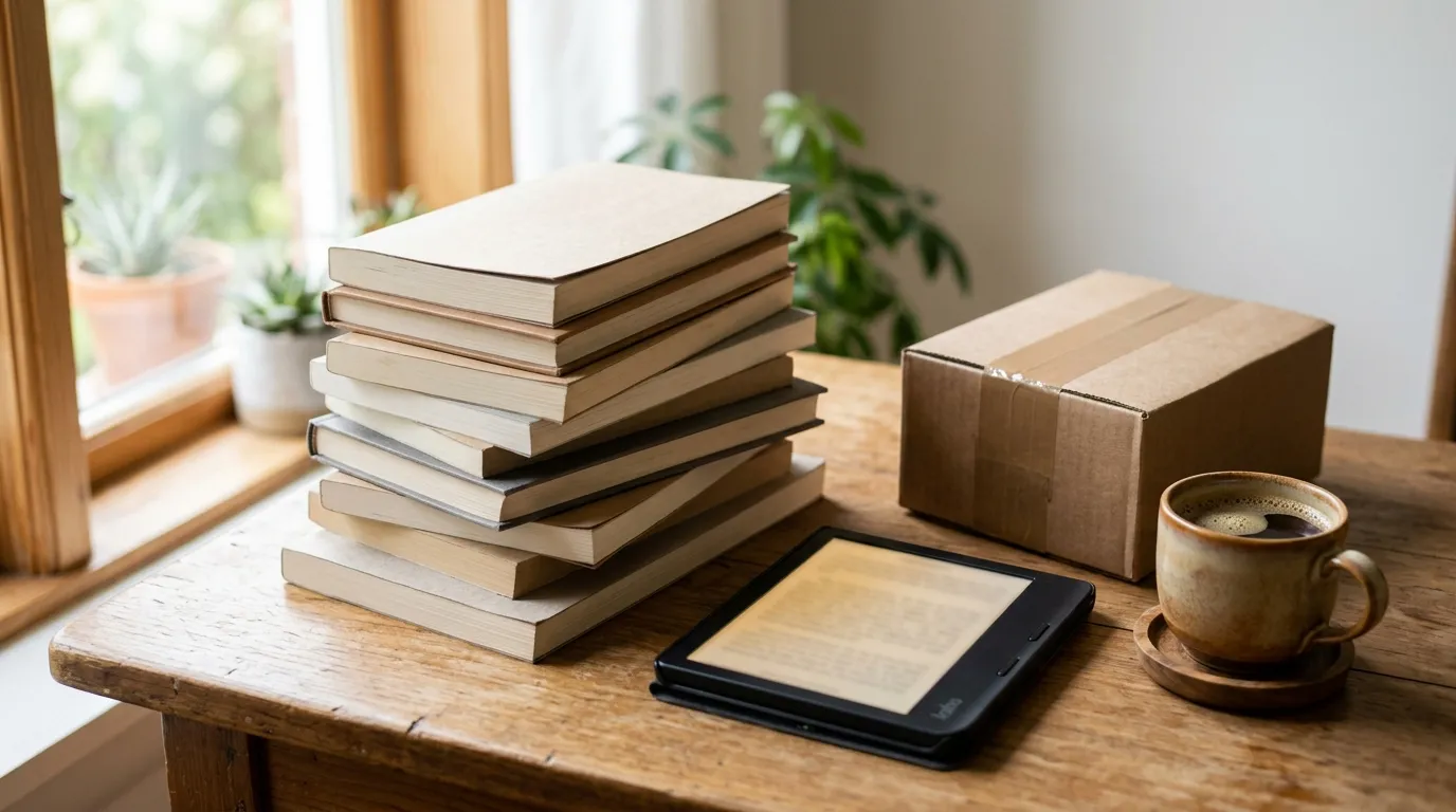 Pila de libros junto a un lector digital y una laptop en un escritorio cálido