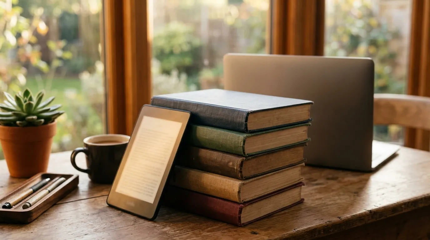 Pilha de livros ao lado de um leitor digital e um notebook sobre uma mesa de madeira aconchegante